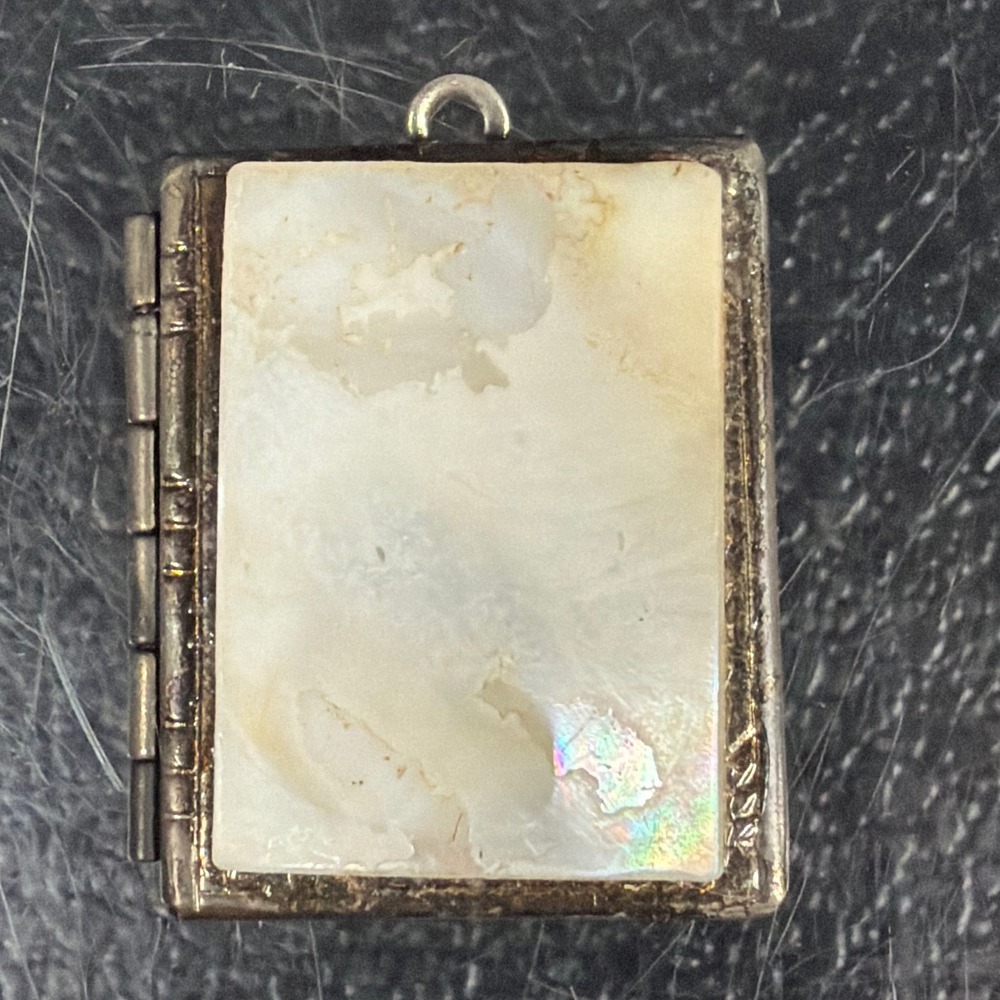 Vintage Mother of Pearl Book Locket Pendant Etched Silver Tone Small Rectangle